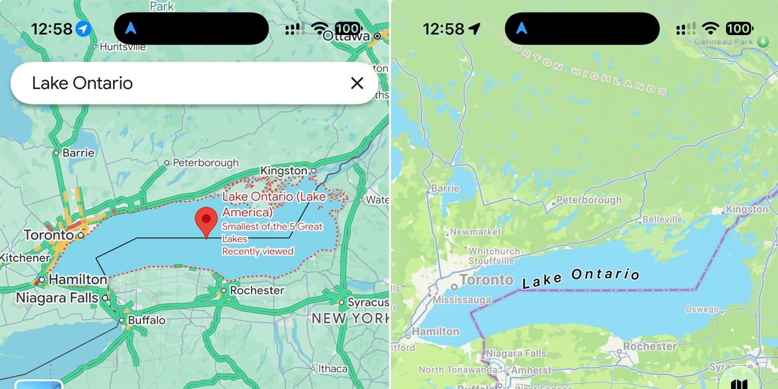 Apple Maps ยังใช้ชื่อ Lake Ontario ขณะที่ Google Maps เปลี่ยนเป็น Lake America ในสหรัฐฯ