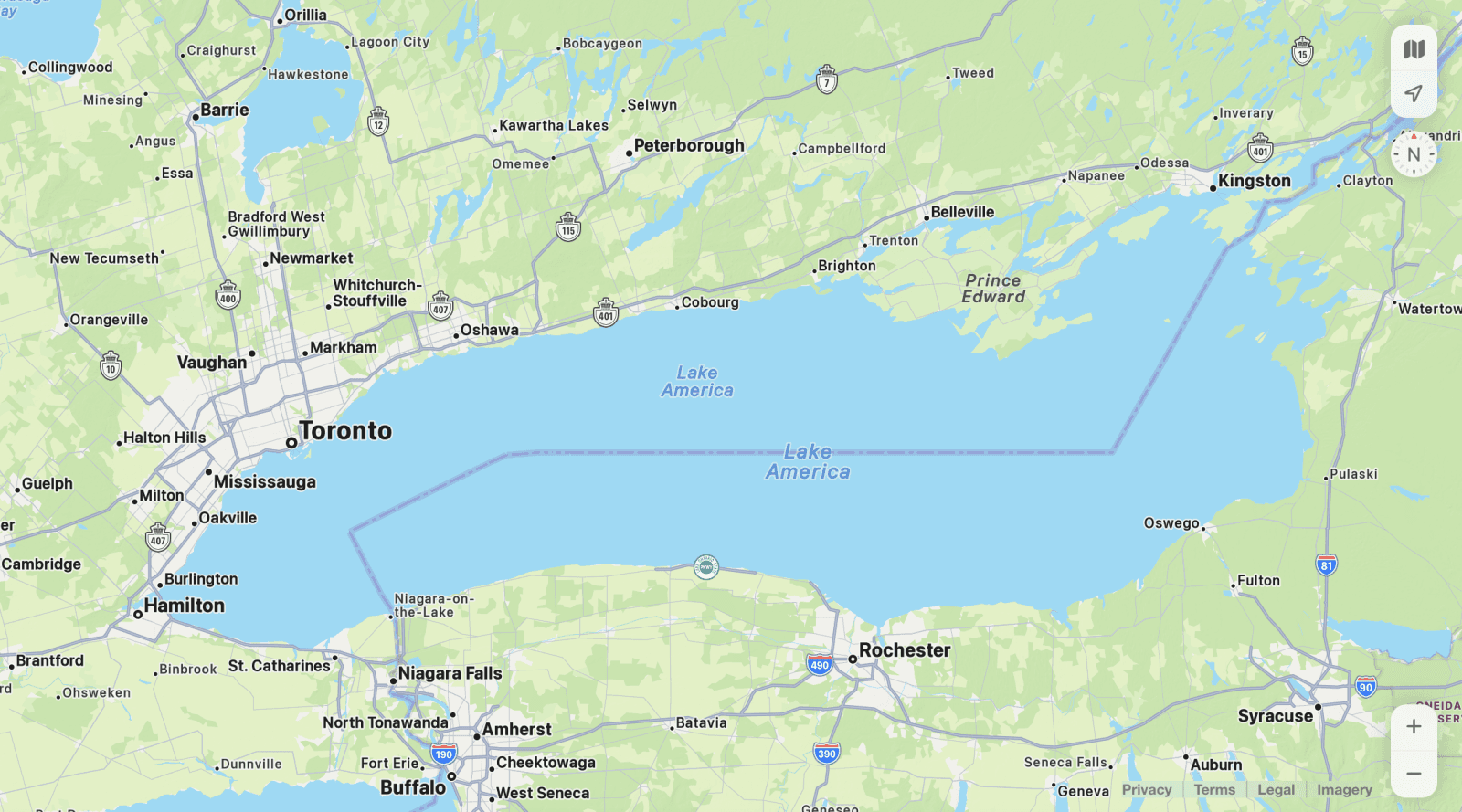 Apple Maps เปลี่ยนชื่อ Lake Ontario เป็น Lake America ตาม Google