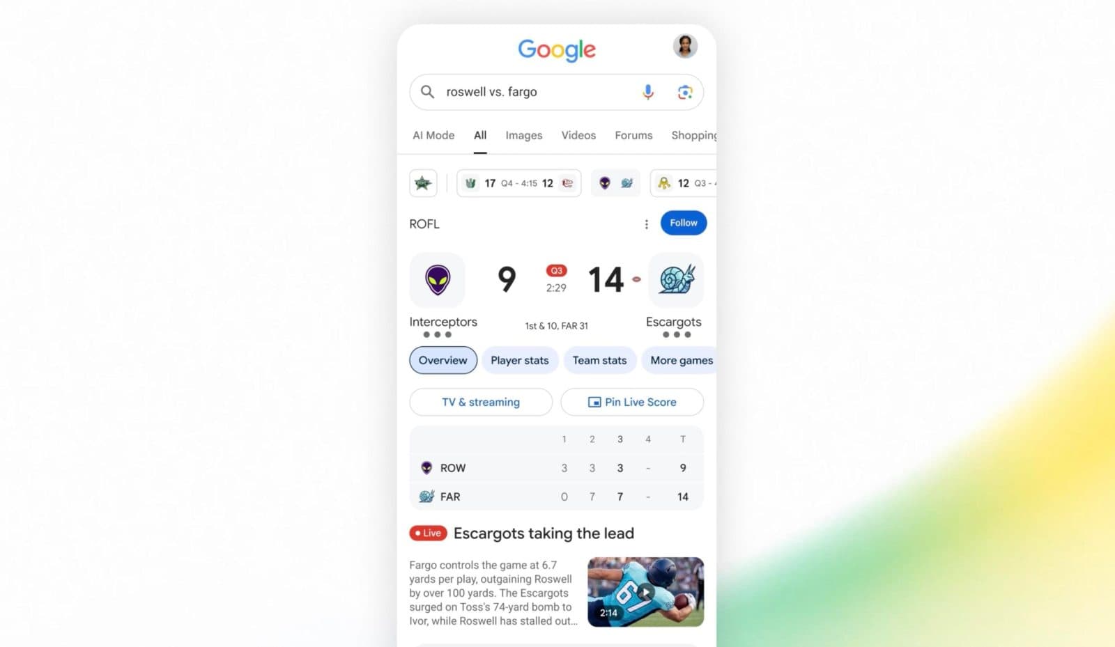 Google Search เพิ่มฟีเจอร์ติดตามเกม NFL แบบสด