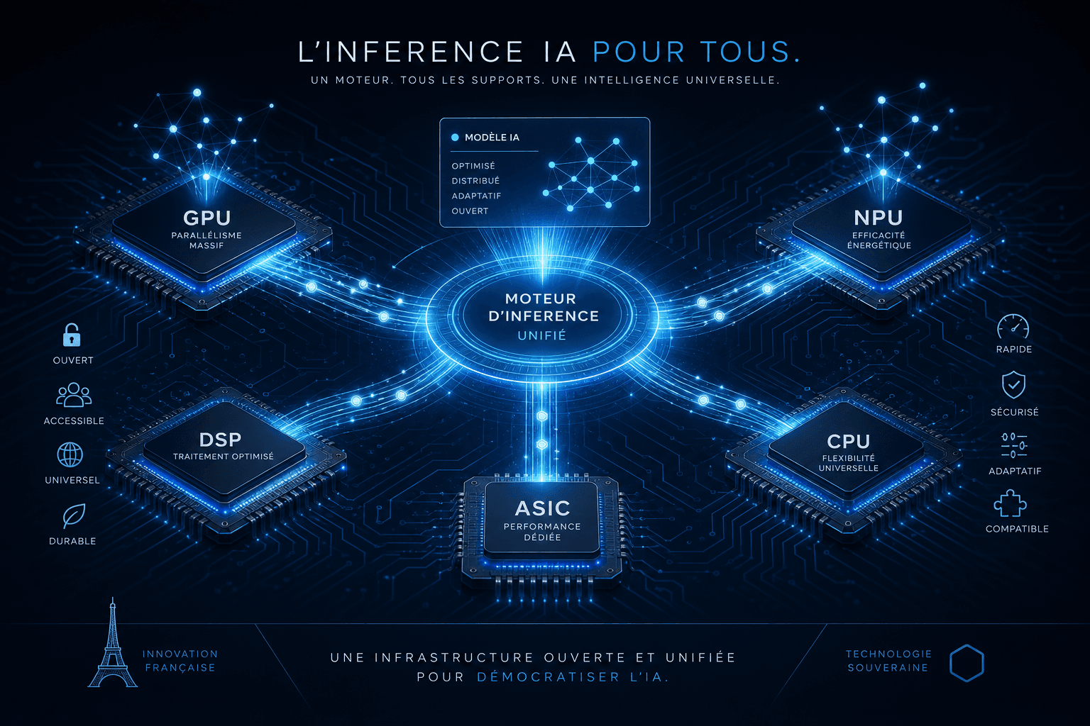 อินโฟกราฟิกแสดง Moteur d'Inference Unifié เชื่อมต่อกับชิป GPU, NPU, CPU, DSP และ ASIC พร้อมคุณสมบัติ: เปิด, เข้าถึงได้, รวดเร็ว, ปลอดภัย และปรับตัวได้
